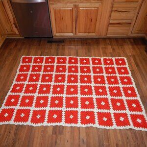 Vintage Handmade Granny Square Afghan Blanket Bed Cover Throw 73"x48" Red White